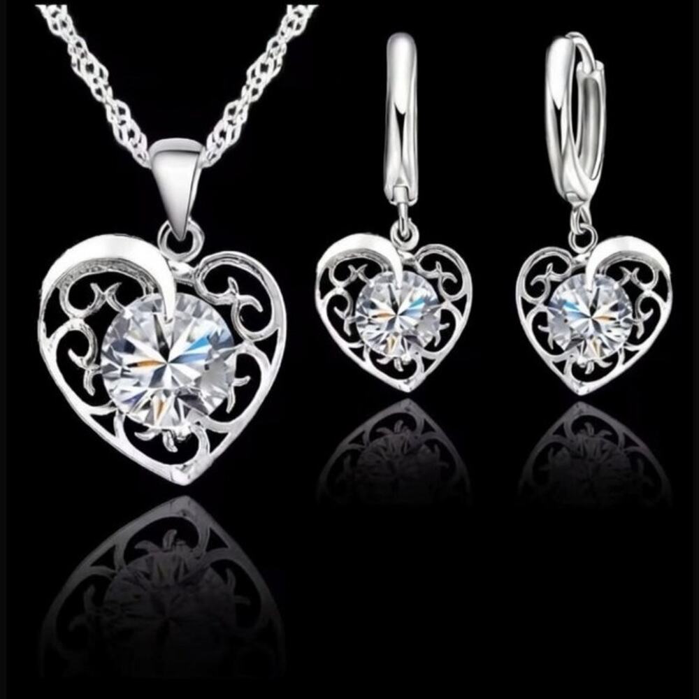 925 Silver Vine Heart CZ Diamond Necklace Earrings Set Valentine's Birthday Gift